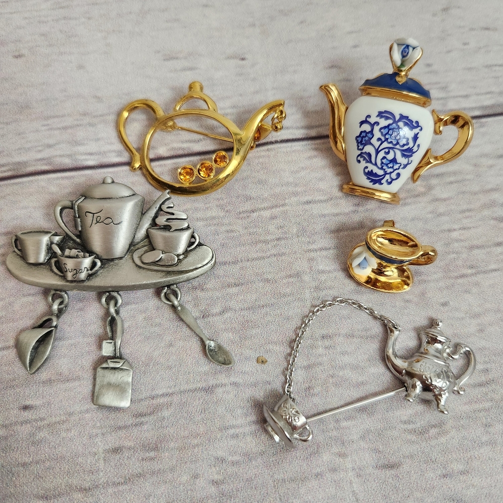 Vintage Tea-Themed Brooch Pin Lot - Gold & Silver